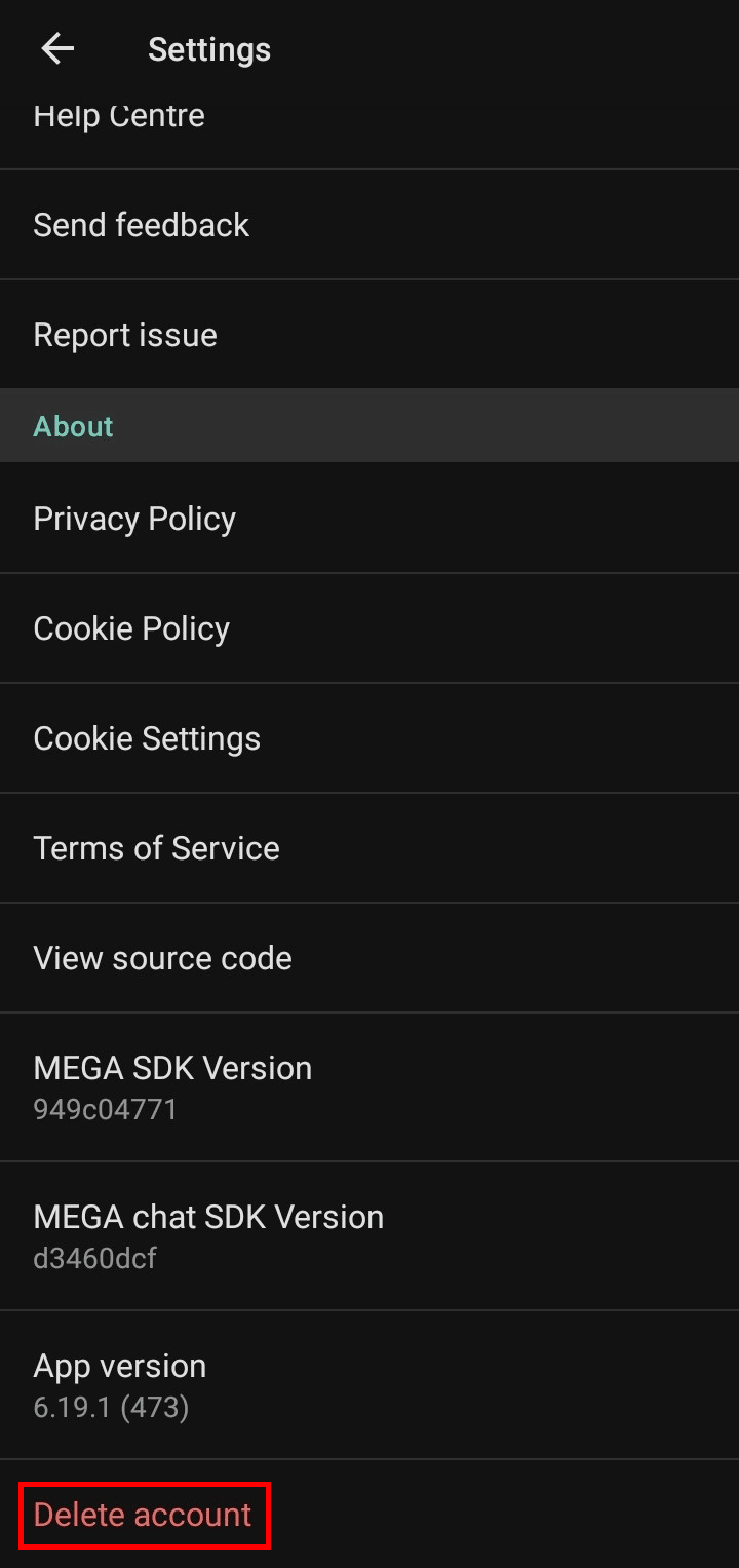 In the settings section scroll down to the bottom and tap on Delete account.