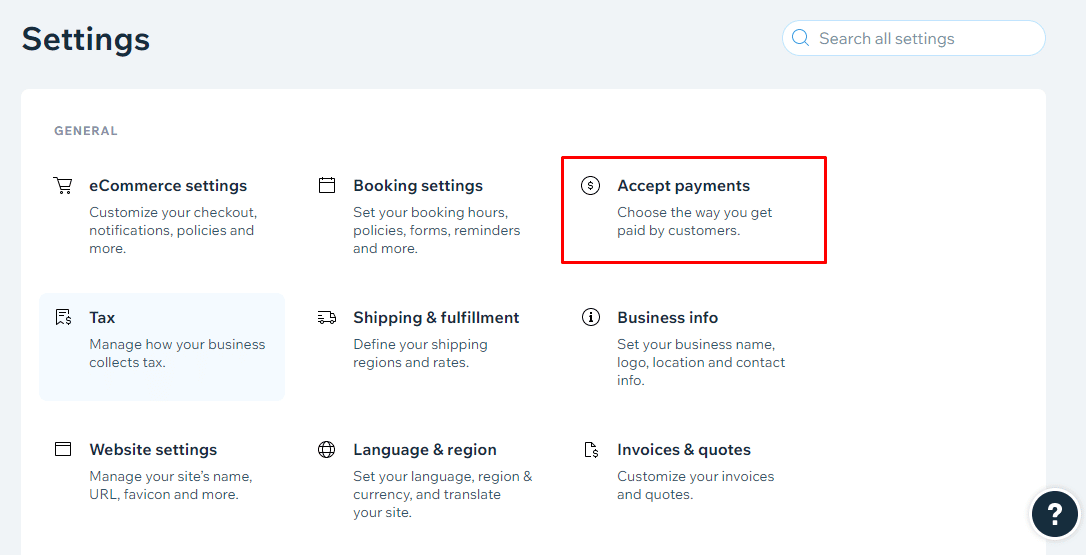 In the Settings tab, click on the Accept Payments option.
