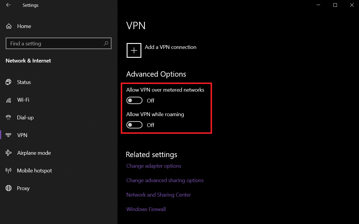 In the Settings window, in the Advanced Option toggle off the VPN options