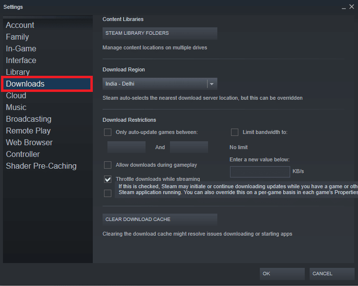 In the Settings windows click on Downloads options. Fix Steam Error 53 in Windows 10