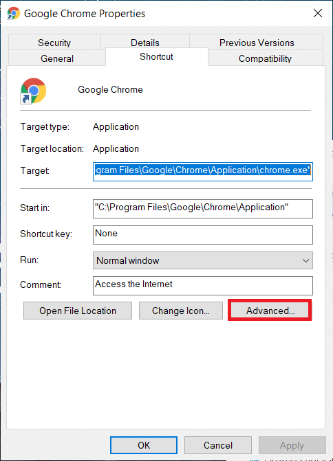 in the Shortcut tab, click Advanced. Fix STATUS ACCESS VIOLATION in Chrome