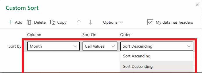 In the Sort dialog box select Smallest to largest or Largest to Smallest as the Order field, depending on whether you want to sort the dates in ascending or descending order. 