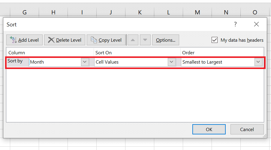 In the Sort dialog box, select the column that you want to use as the primary sorting criteria. 