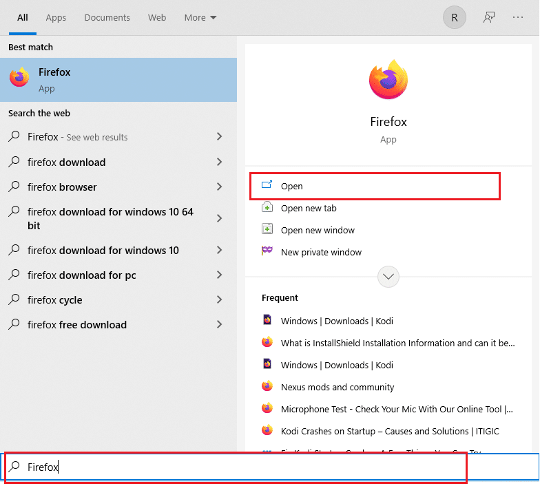In the Start menu type Firefox and click on Open on the right pane
