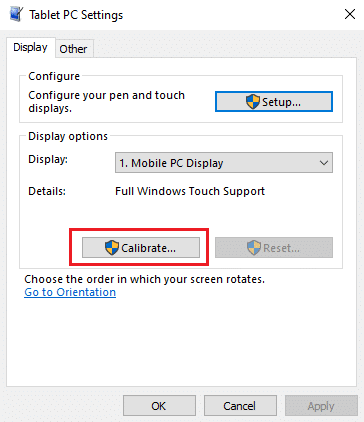 In the Tablet PC Settings Window, click on the Calibrate button under the Display options section. 