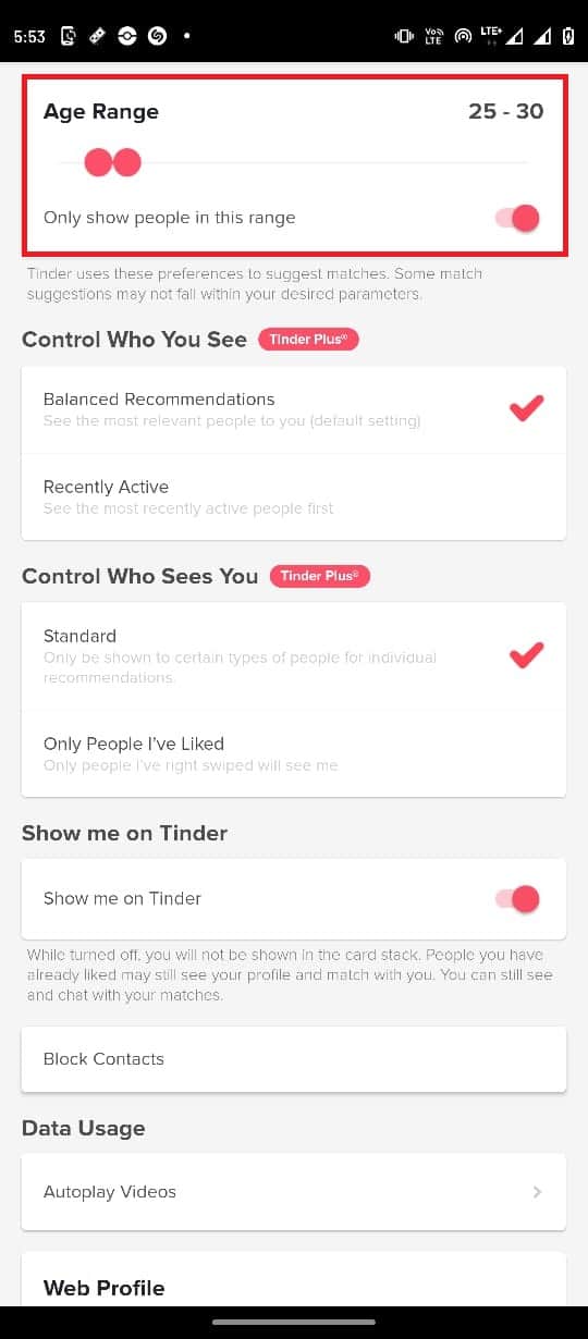 In the Tinder settings locate Age Range