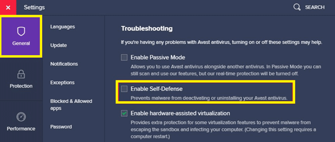 In the Troubleshooting menu, uncheck the Enable Self-Defense box.