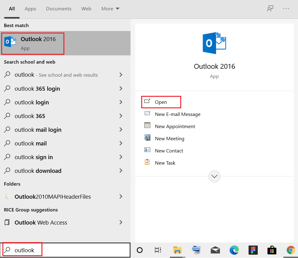 In the Windows search box type Outlook and select Open