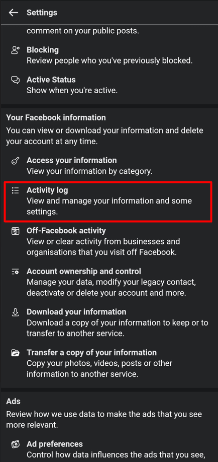  In the Your Facebook Information section, choose Activity Log. | How to See Friend Requests You Sent on Facebook