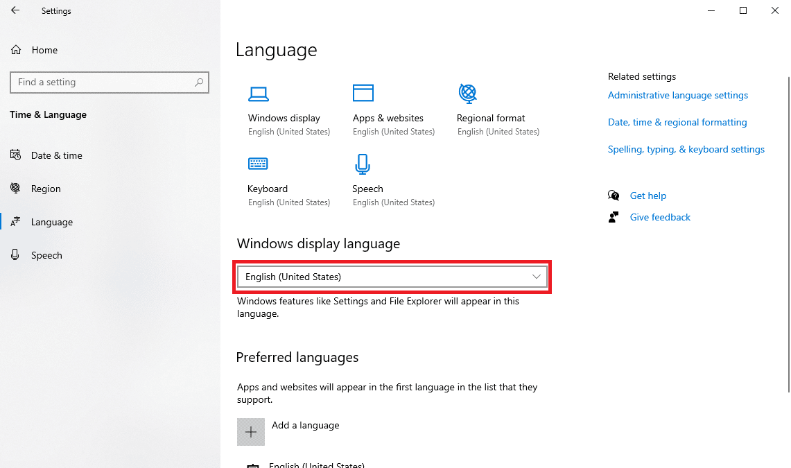 In Windows display language select your preferred language