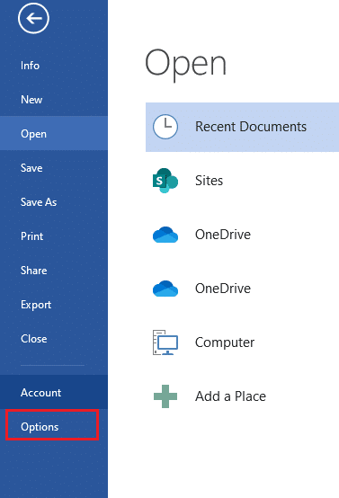 In your Office application, navigate to File from the menu bar followed by Options.