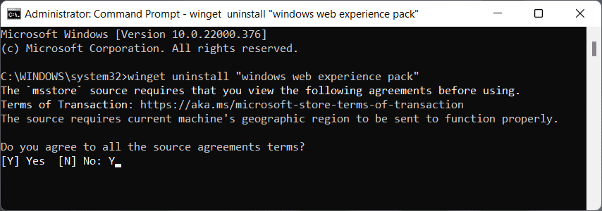 Entrée requise pour accepter les termes et conditions du Microsoft Store