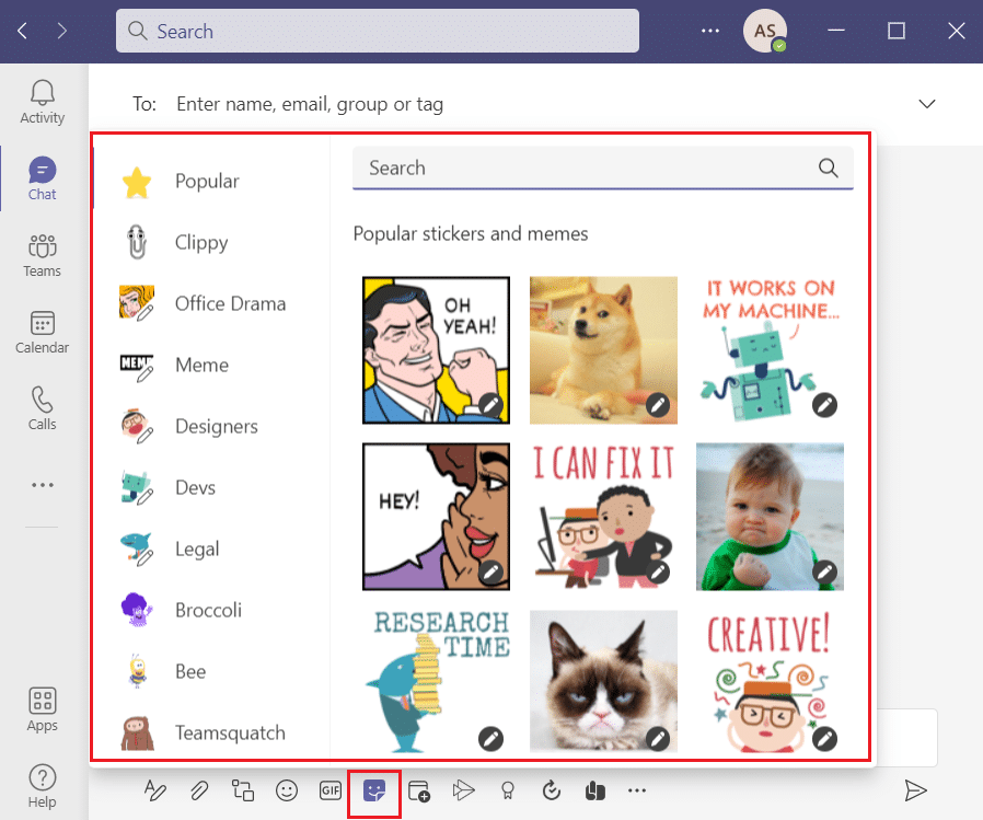 insert stickers in the Microsoft Teams desktop app