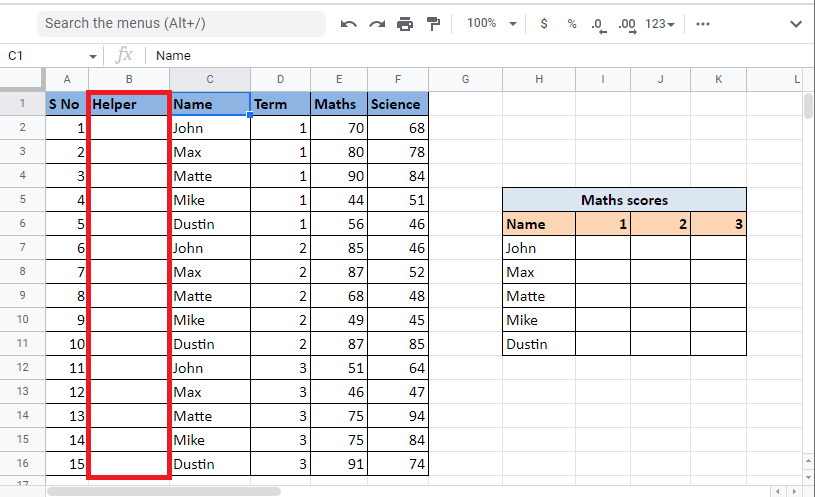 Insert the helper column left to the Name column by right-clicking on the column header of the same column and clicking on Insert 1 column on the left