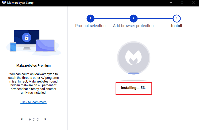 installing Malwarebytes setup wizard