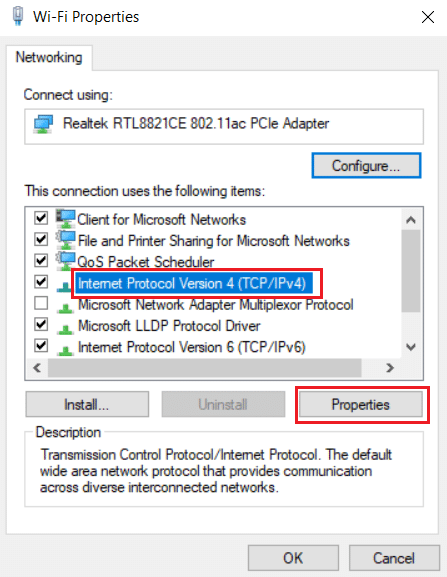 Internet Protocol Version 4 connection highlighted along with Properties option