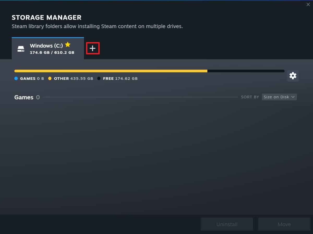 It will open STORAGE MANAGER window that will show your OS drive, now click on the big plus sign to add your external hard drive to install the game
