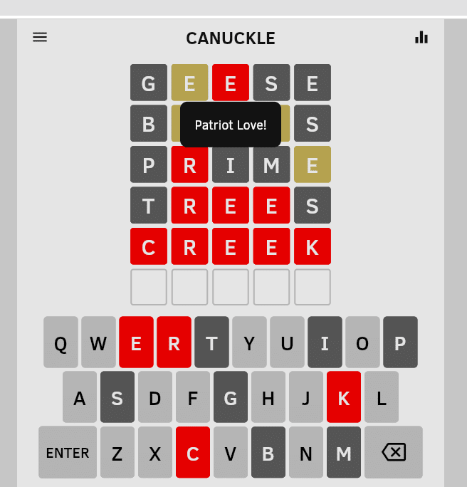 Keep entering words until all the squares turn red. What is Canuckle? How to Play Canadian Wordle Version