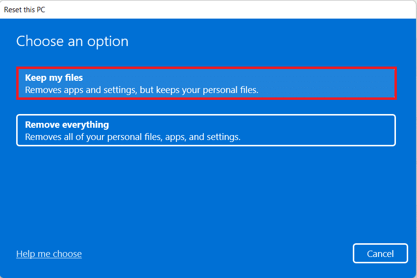 click on Keep my files option in reset this pc window