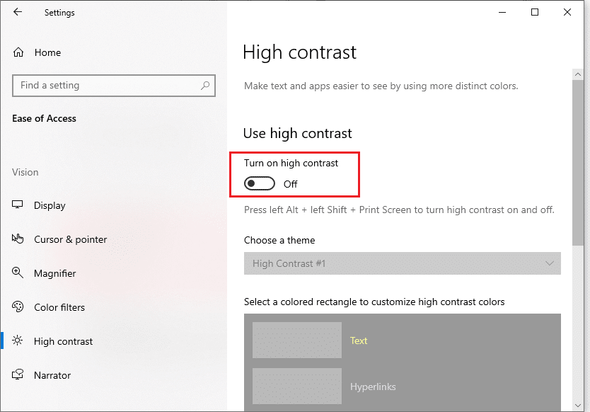 Disable High contrast to Fix black desktop background in Windows 10