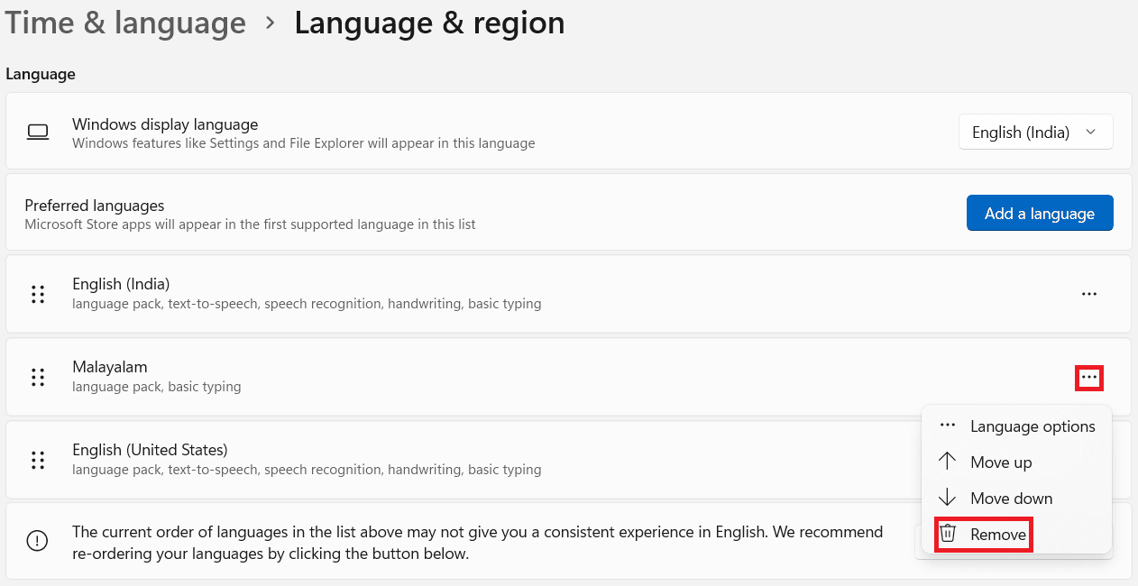 Language and region section in Settings app
