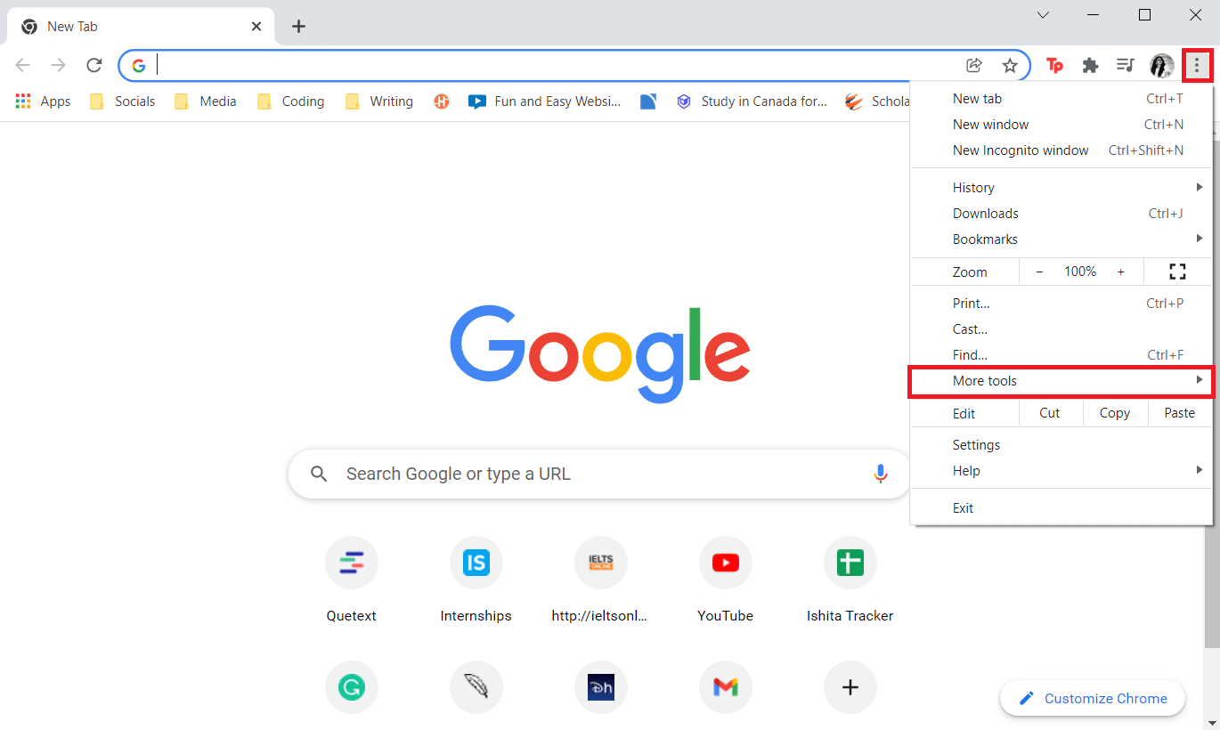 Launch Chrome and choose More Tools from the Action Menu