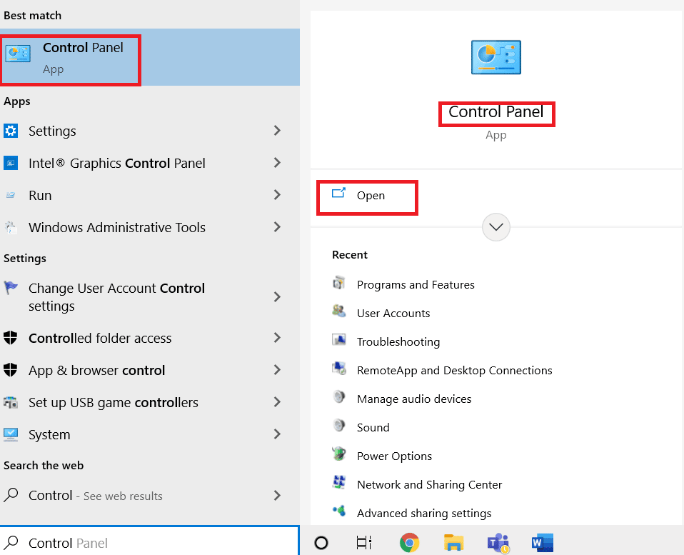 Запустіть Панель керування, ввівши в рядок пошуку Windows. Виправте фатальну помилку Javascript, яка сталася під час встановлення клієнта Windows