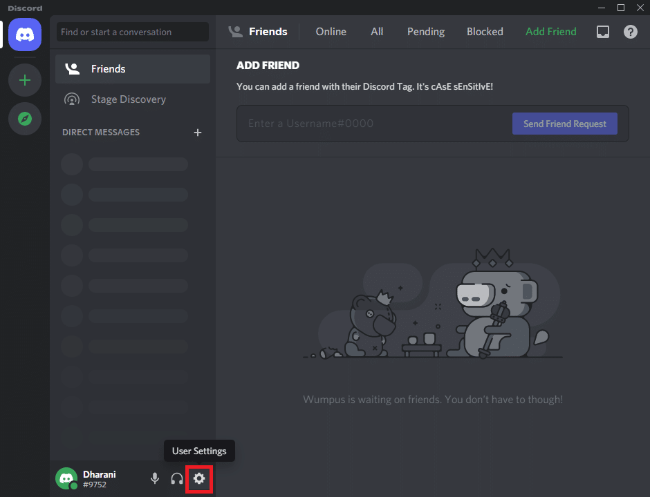 Launch Discord and click on the gear icon at the bottom left corner of the screen | Fix Discord Go Live not appearing