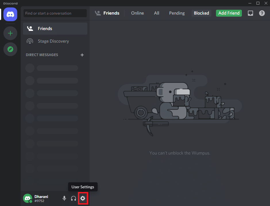 Launch Discord and click on the gear icon which is at the left corner of the screen.