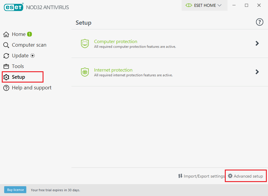 Launch ESET antivirus program and switch to the Setup section. Fix Firefox Connection Reset Error