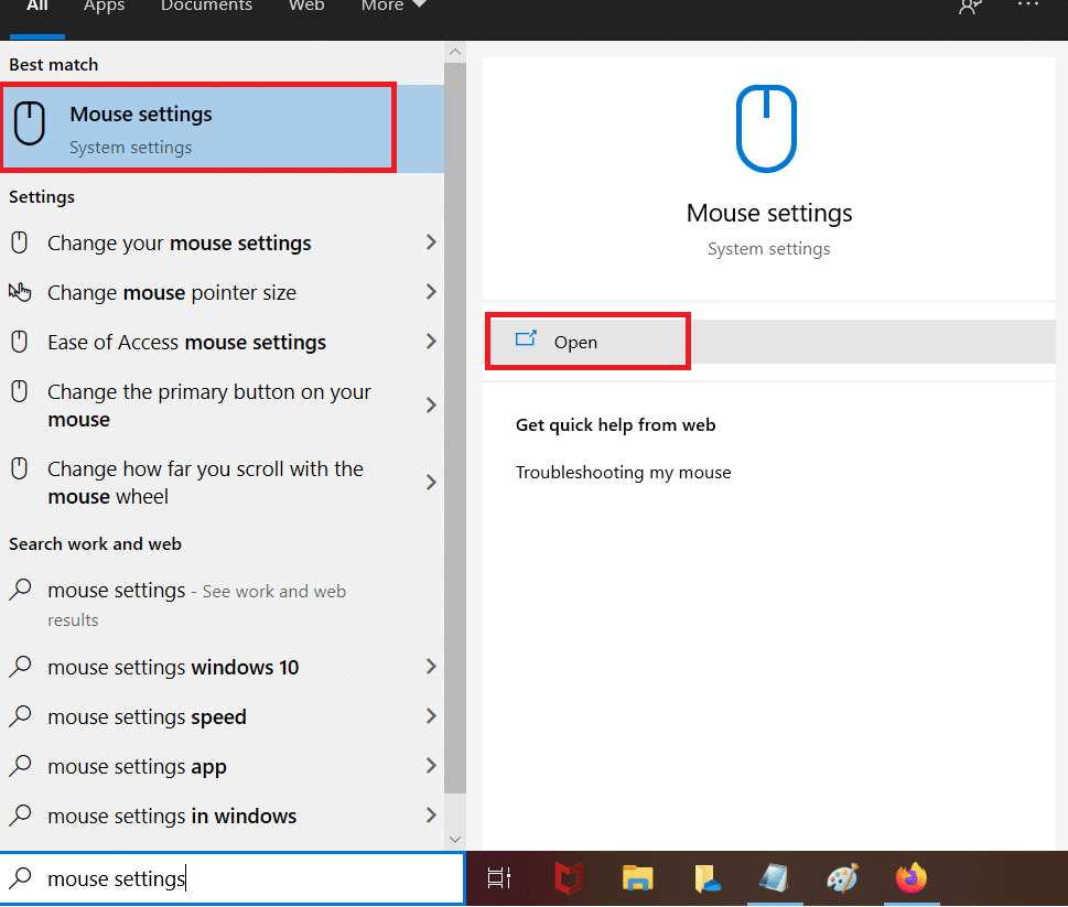 launch mouse settings from windows search bar