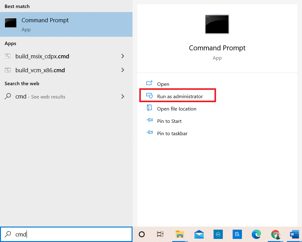 Launch the Command Prompt as administrator window by typing cmd in the search bar 