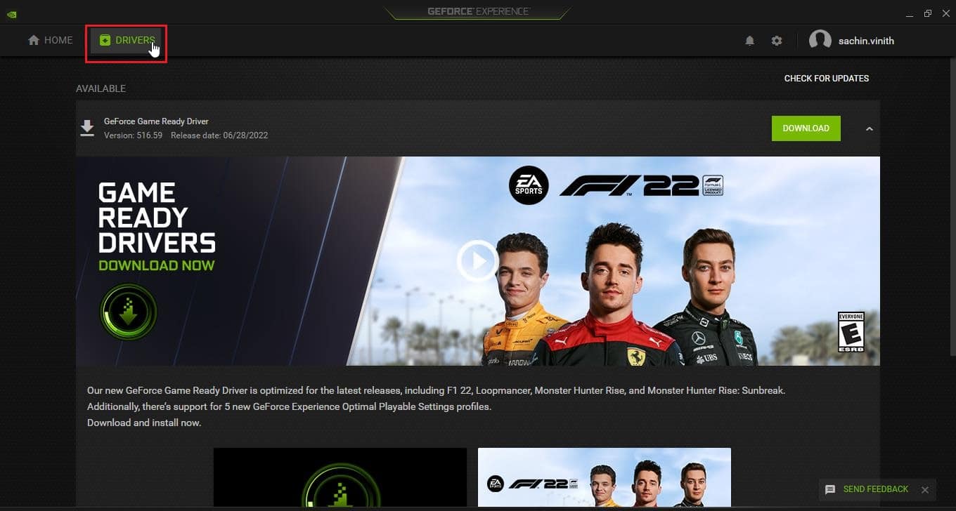 Launch the GeForce Experience Application and navigate to the Drivers tab