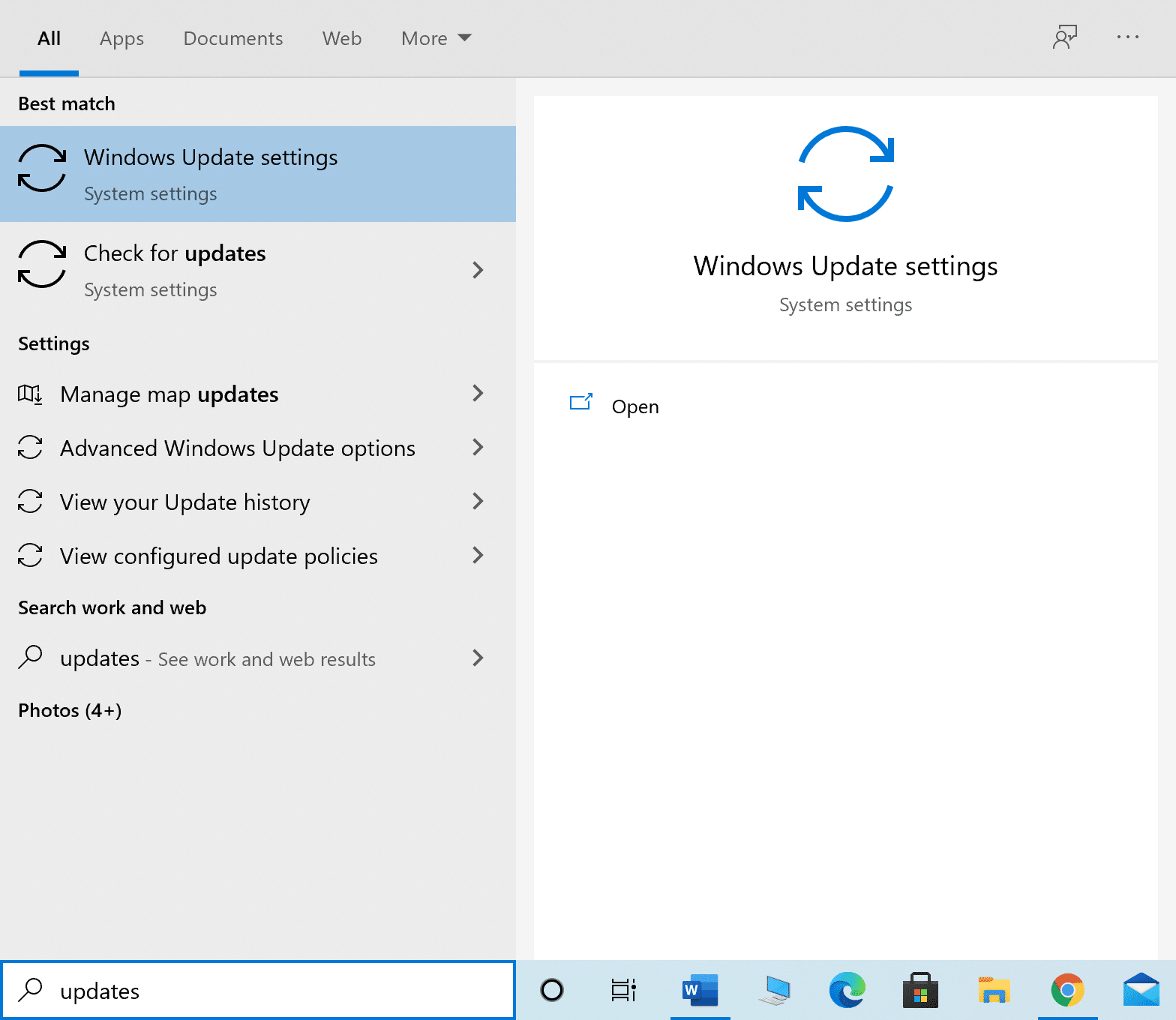 launch windows update settings from windows search
