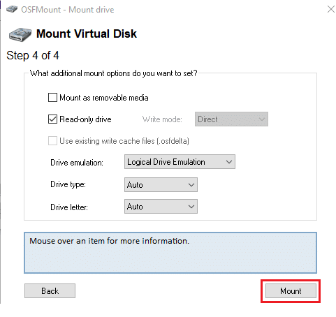 Leave the default mount options as it is and click on the Mount button to start the process. 