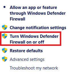 Left pane options in Windows Defender Firewall window. How to Fix Apps Can’t Open in Windows 11