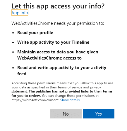 let the Web Activities extension to access your info like profile, activity on your timeline, etc