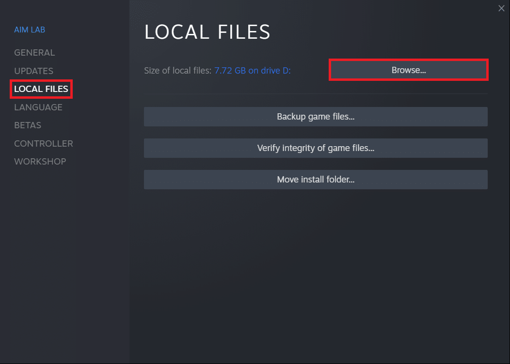 Local files section in properties window in Steam PC Client