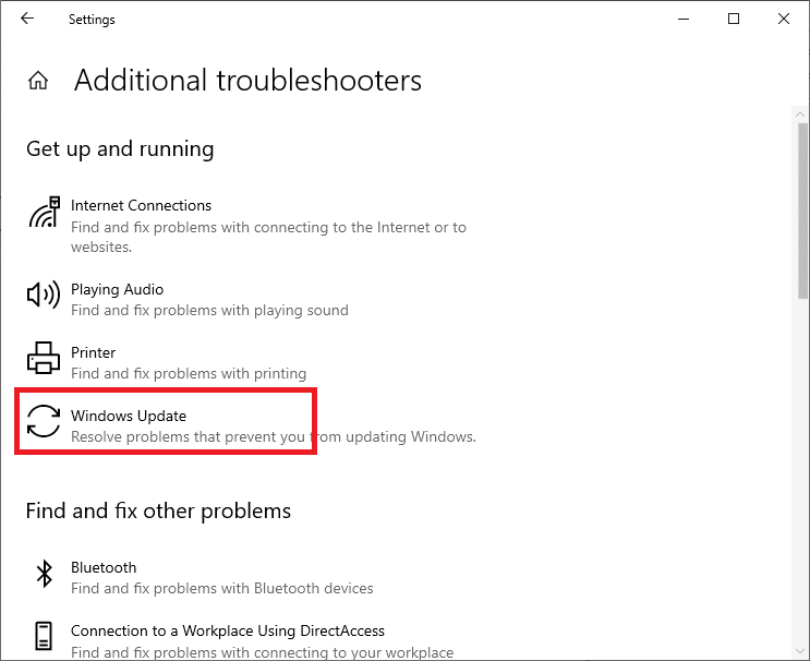 Individua e scegli Windows Update dall'elenco