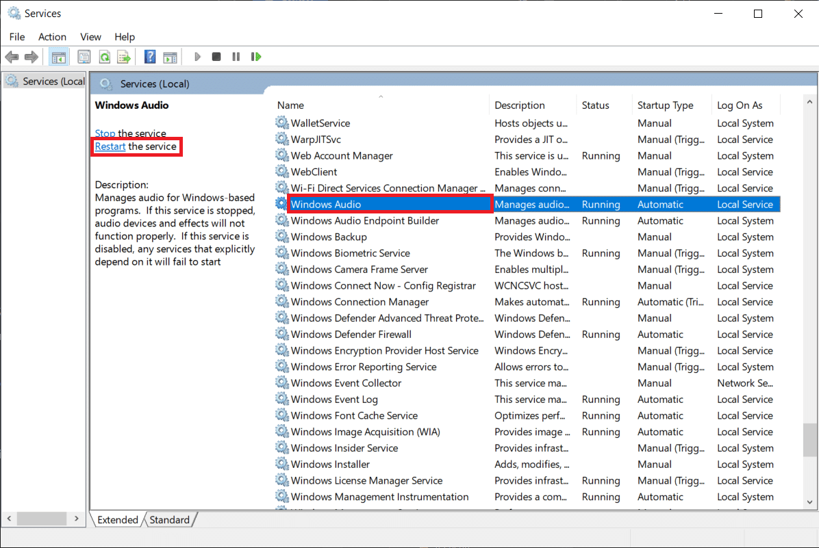 Locate and click Windows Audio service and choose the Restart option that appears on the left pane 