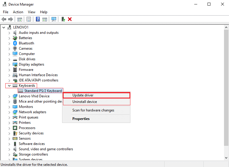 locate and double click the Keyboards dropdown menu to expand it. Right-click on the desired keyboard device (e.g. Standard PS/2 Keyboard) and click the Update driver option