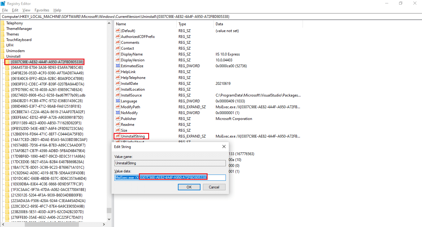 Locate and double click the UninstallString on the right pane and copy the Value Data