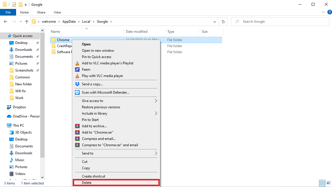 Locate and right click on the Chrome folder and click Delete