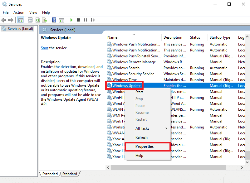 حدد موقع تحديث Windows وانقر بزر الماوس الأيمن عليه وانقر فوق "خصائص".