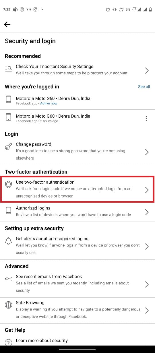 locate and select Use two-factor authentication