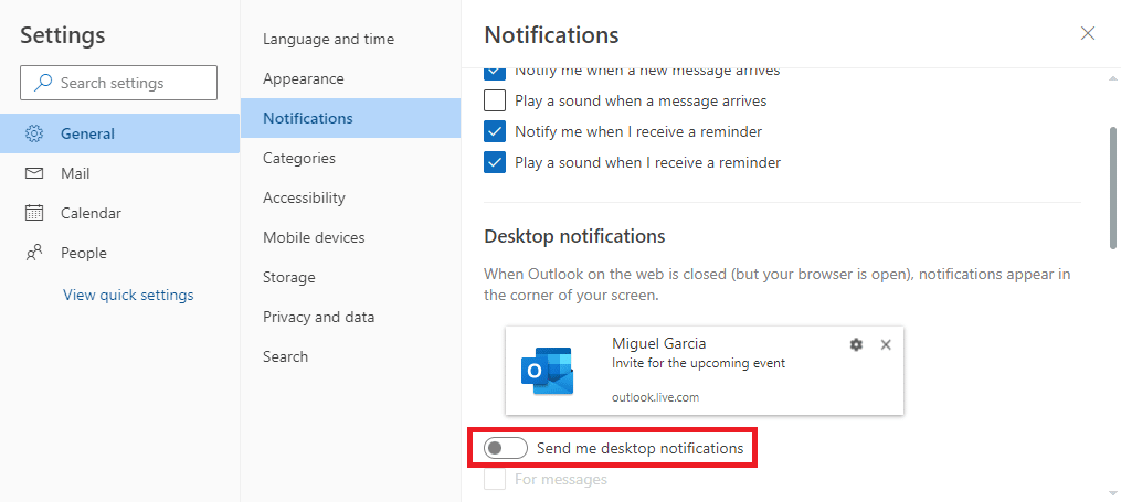 Locate and turn on or off the Send me desktop notifications toggle | Outlook app calendar push notifications on desktop web app