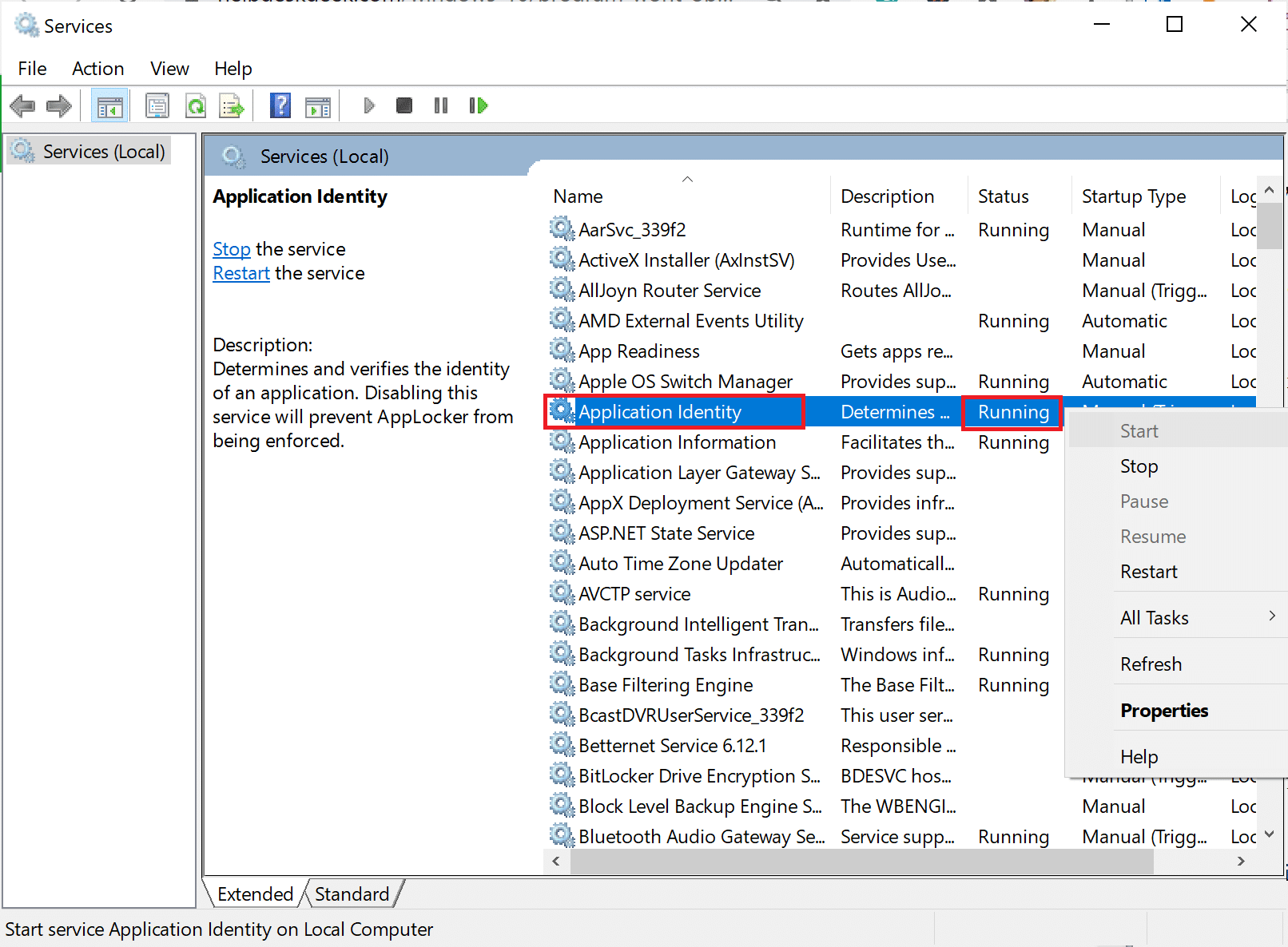 locate Application Identity in the Services window | Fix Windows 10 Apps Not Working