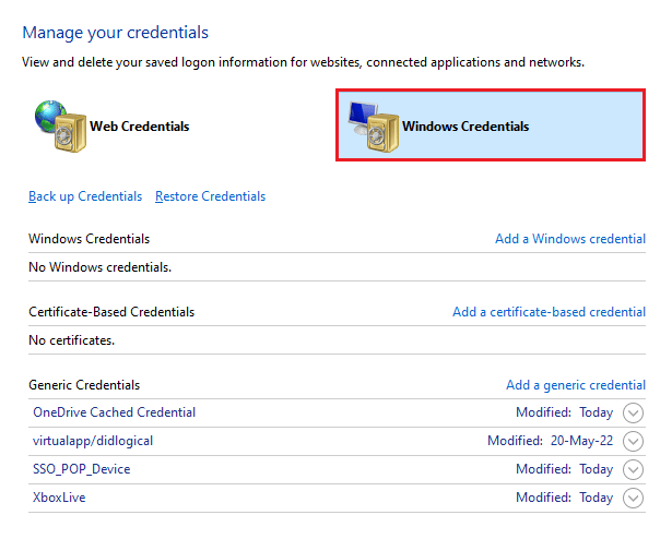 Locate entries in Windows Credentials labeled as Xbl Ticket
