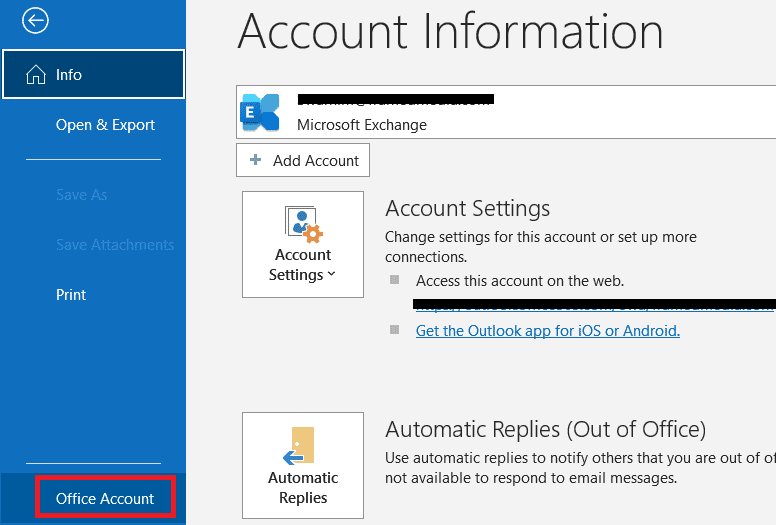 locate Office Account options