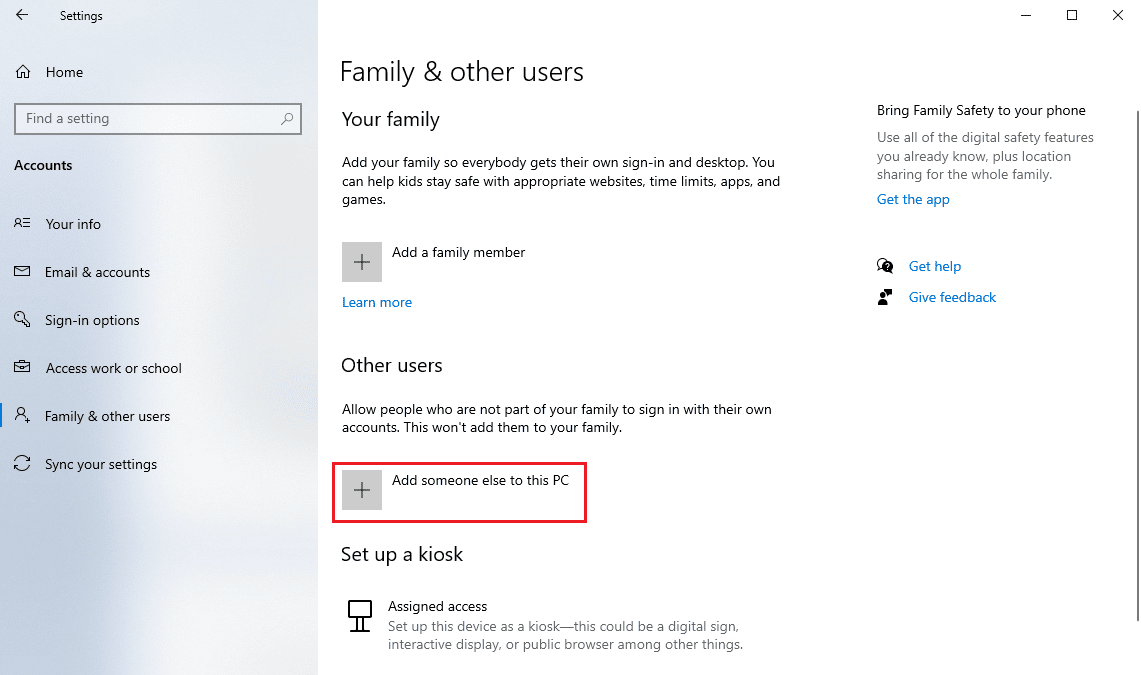 Locate Other people options and click on Add someone else to this PC